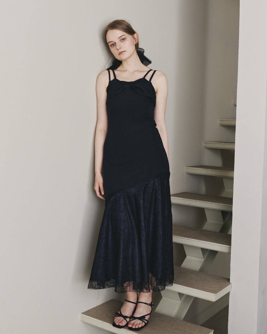 RIBBON ASYMMETRY LACE CAMISOLE DRESS