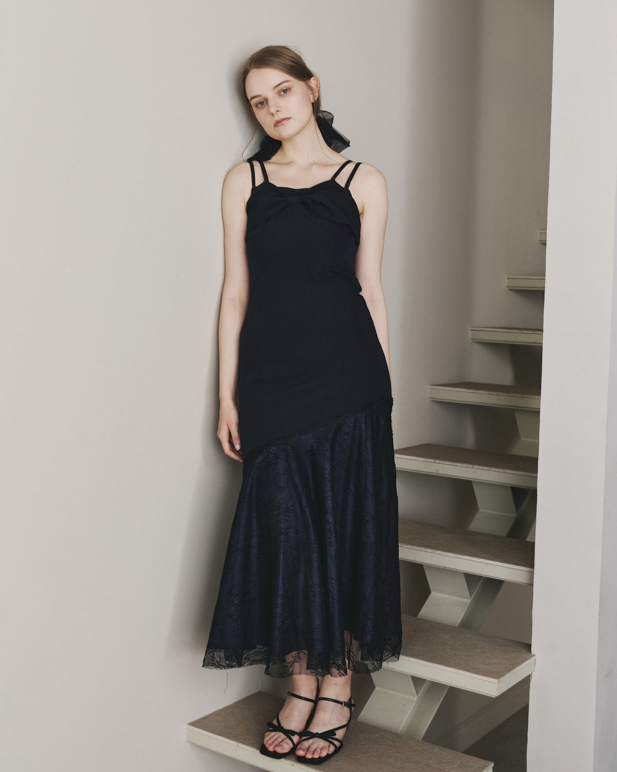 RIBBON ASYMMETRY LACE CAMISOLE DRESS