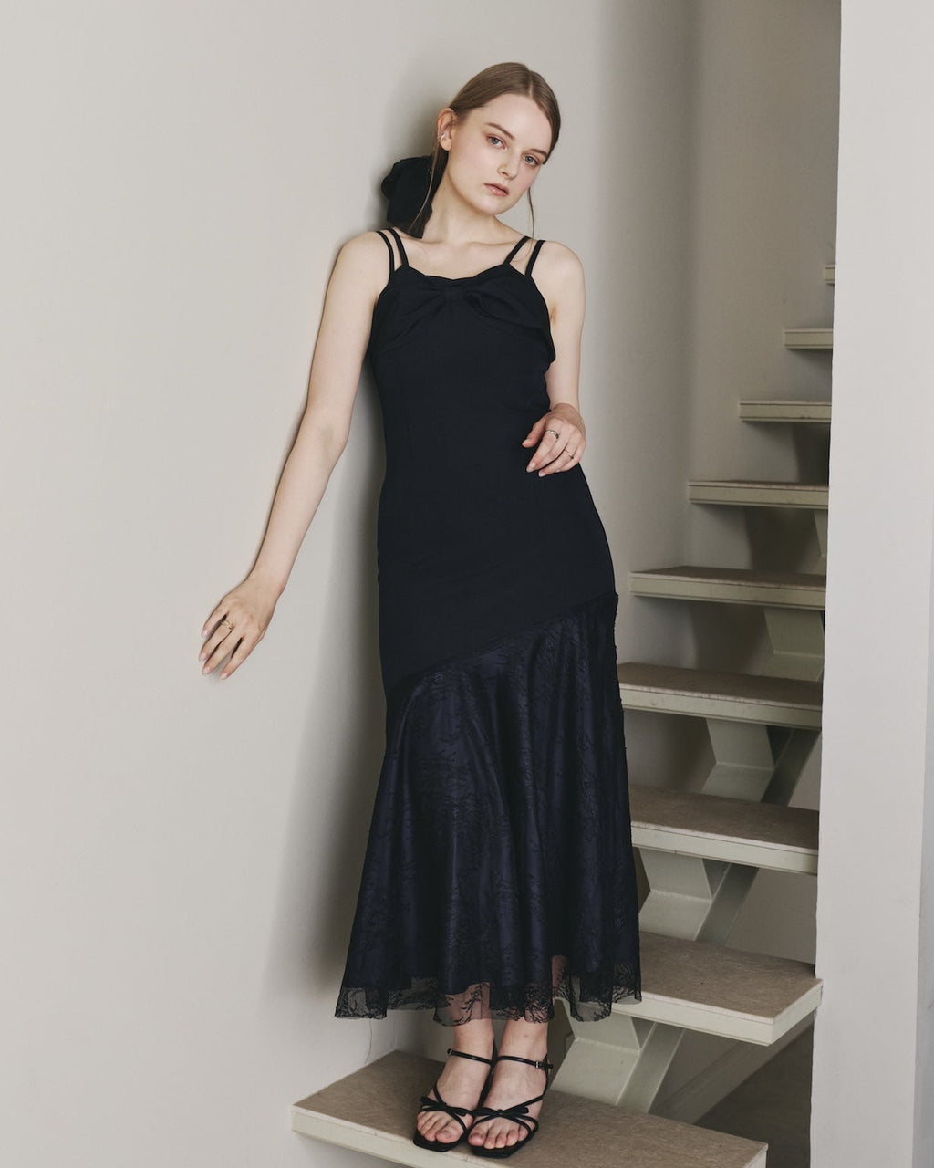 RIBBON ASYMMETRY LACE CAMISOLE DRESS